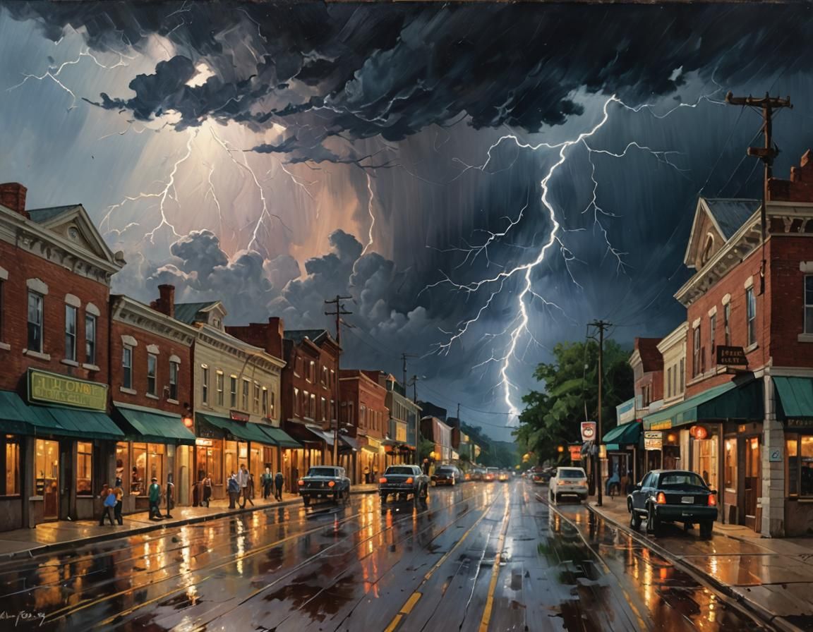 Dramatic Thunderstorm Oil Painting of a Small Town