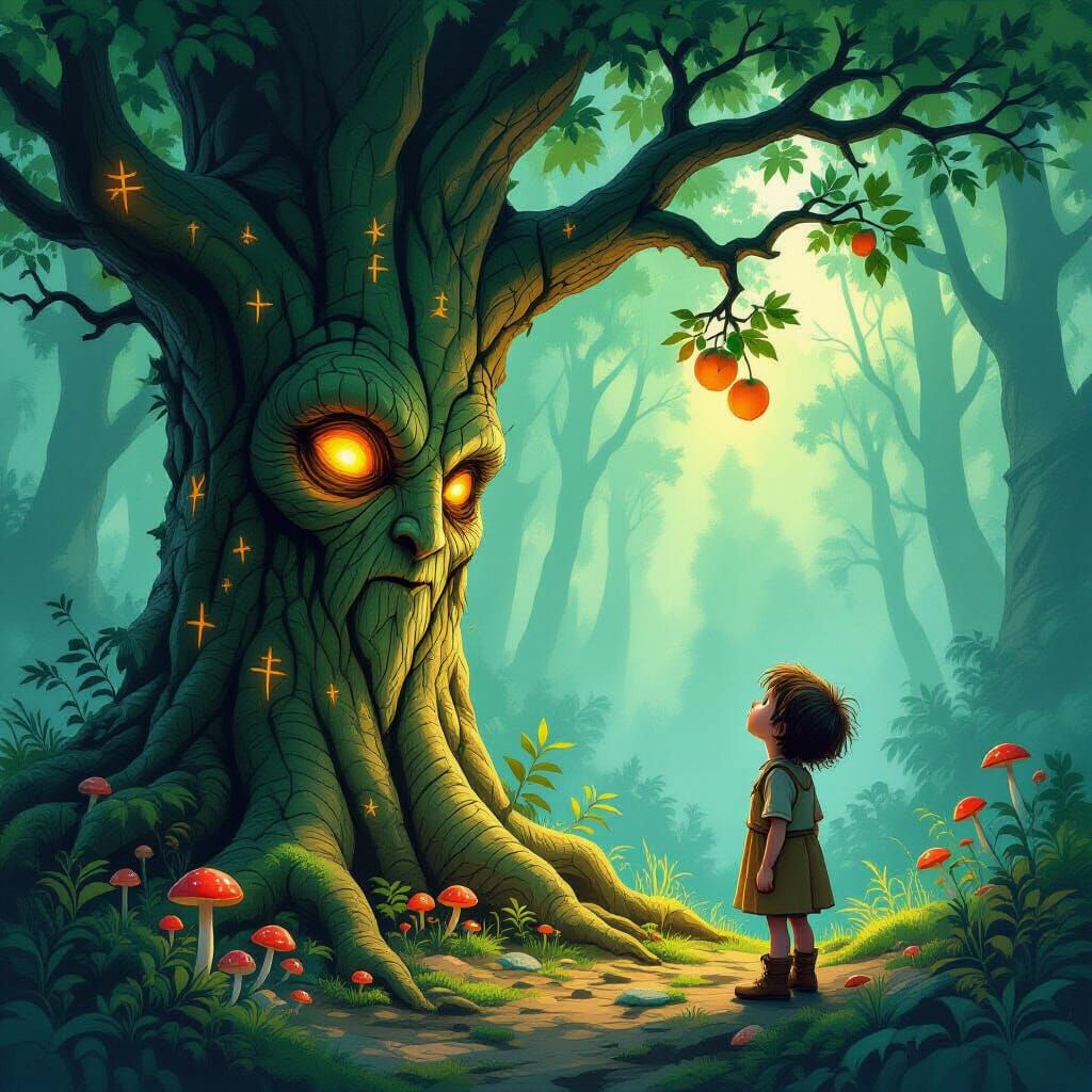 Sentient Tree Offers Glowing Fruit to Lost Child in Street A...
