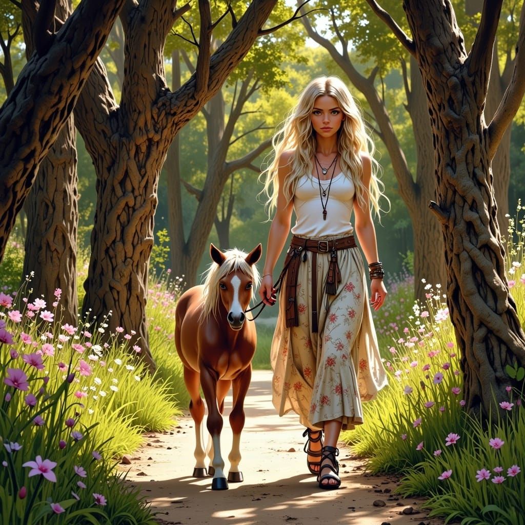 Woman and Miniature Horse in Fantasy Landscape
