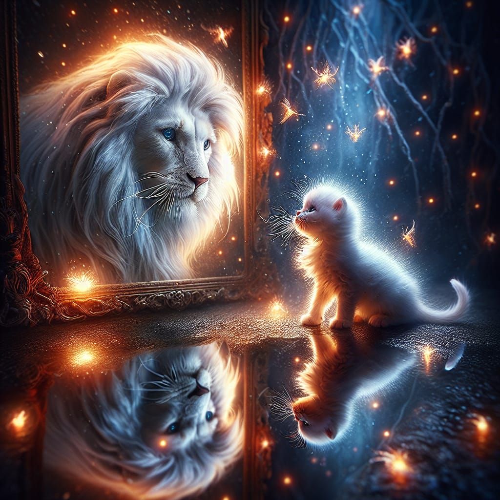 Magical Cat Reflection: A Lion's Dream in Starlight