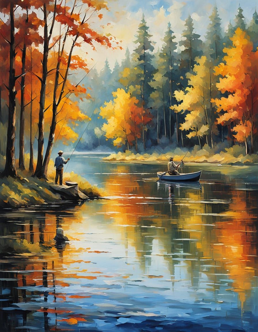 Impressionist Landscape: Man Fishing on Misty Lake