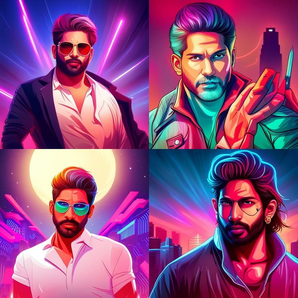 Allu Arjun as Pushpa in Synthwave Neon Style