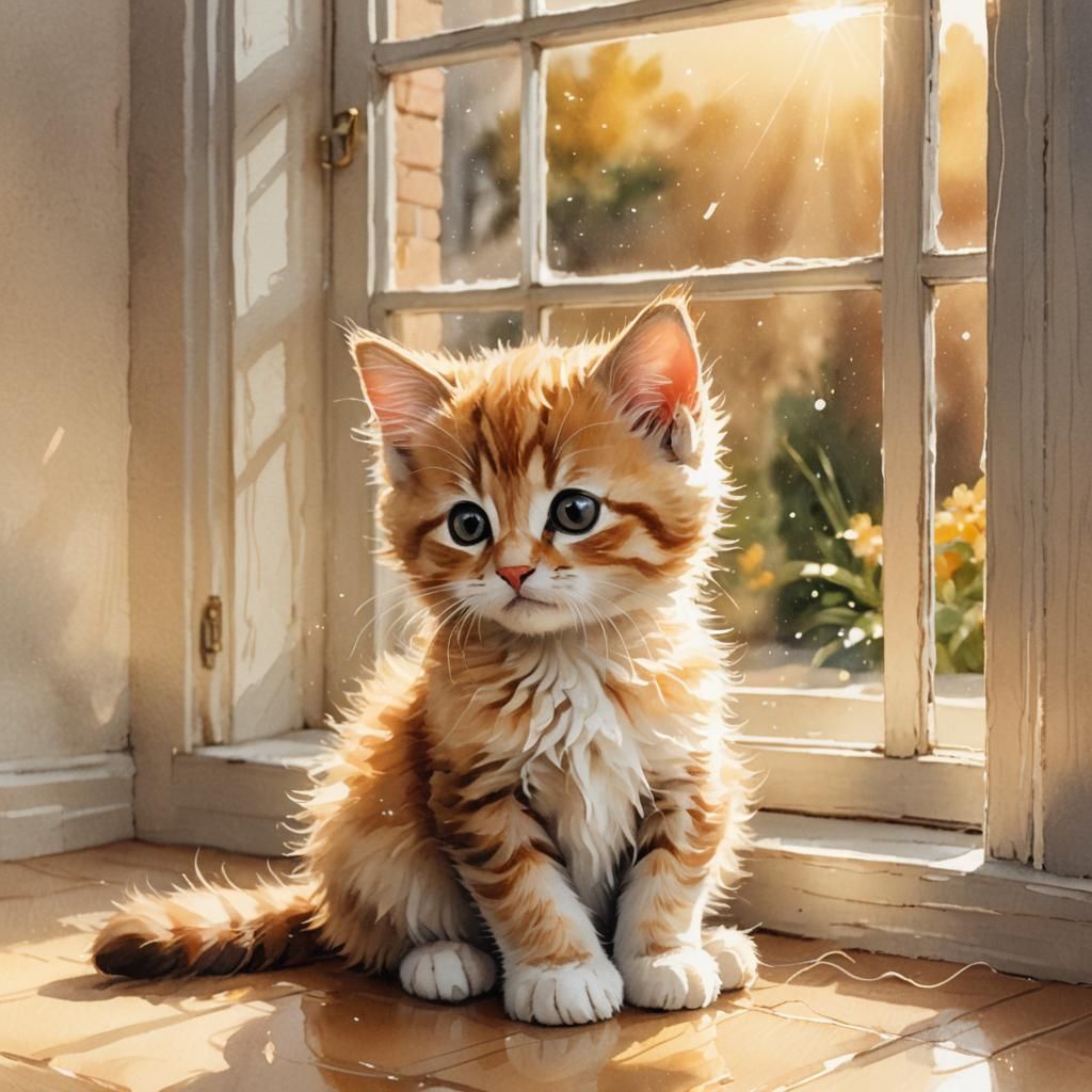 Watercolor Kitten Gazing out Window in Golden Light