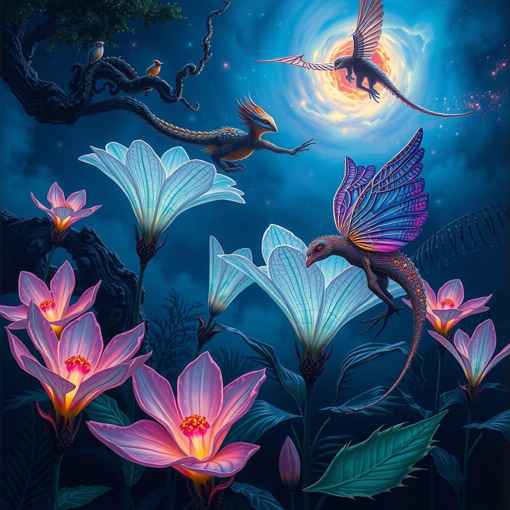 Magical Bioluminescent Jungle with Cosmic Sky