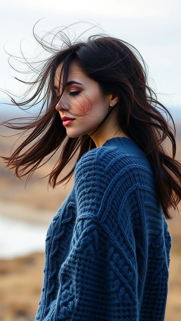 Woman in Blue Sweater with Soft Textures