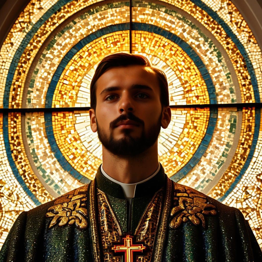 Vibrant digital art. Medium shot. Luigi Mangione stands in a chapel. Close up. Mosaic pattern. Golden light on his face....