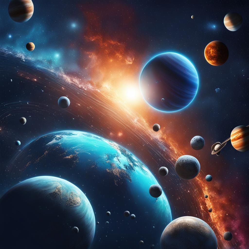 Hyperrealistic Blue Planets in Bright Night Sky