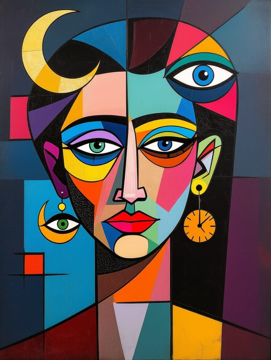Vibrant Cubist Woman Portrait with Geometric Shapes