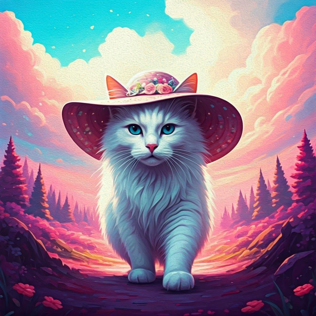 Cat in Pink Hat in Dreamlike Landscape
