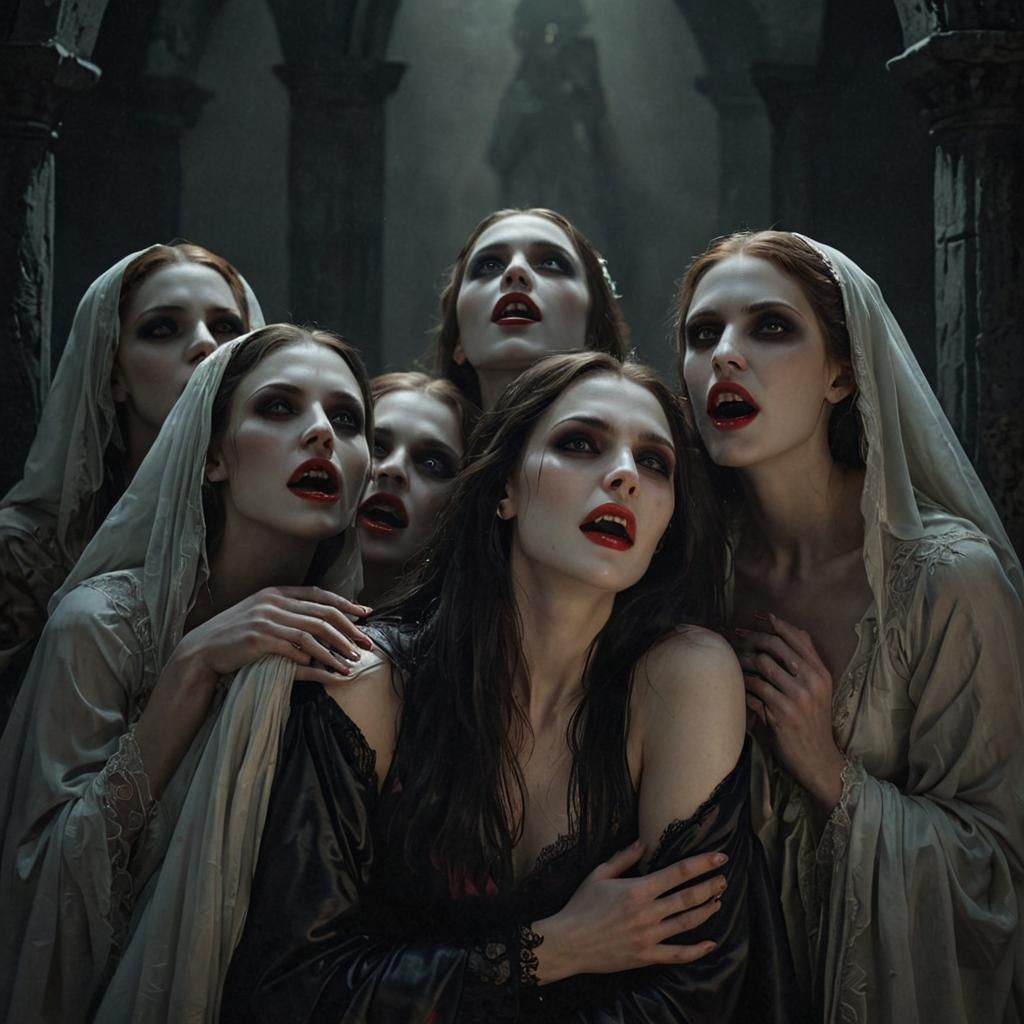 Vampires Enthralled by Vestal Virgins: Dark Fantasy Art
