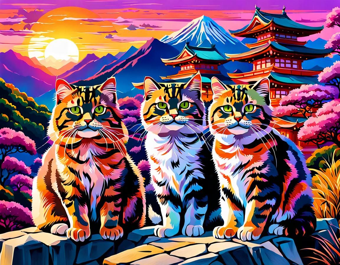 Pallas Cats Watching Sunset in Pop Art Style