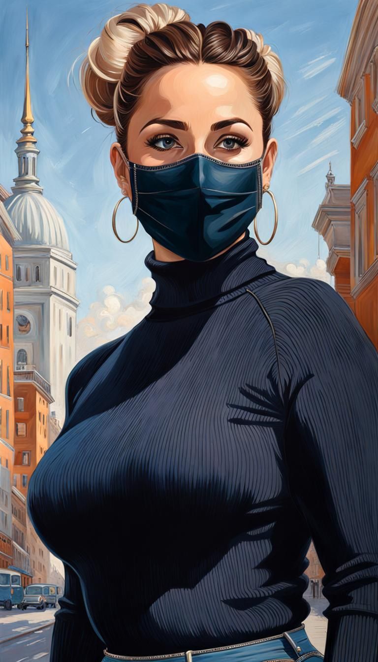 Curvy Woman with Facemask in City, Oil Painting