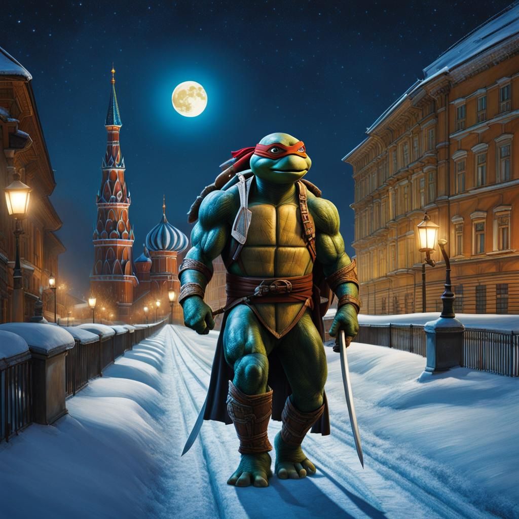 Ninja Turtle Walks in Moscow Winter Night