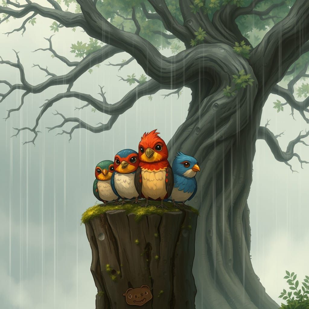 Whimsical Chibi Birds in Moody Rainy Landscape