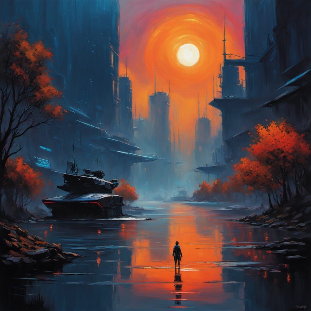 Autumn Lake at Dusk in Realistic Oil Painting