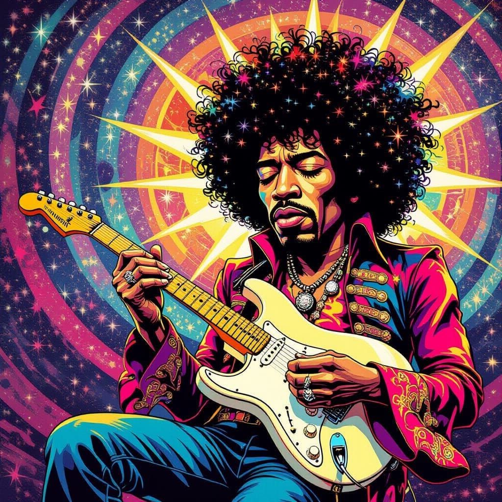 Cartoon Jimi Hendrix Playing Electric Guitar