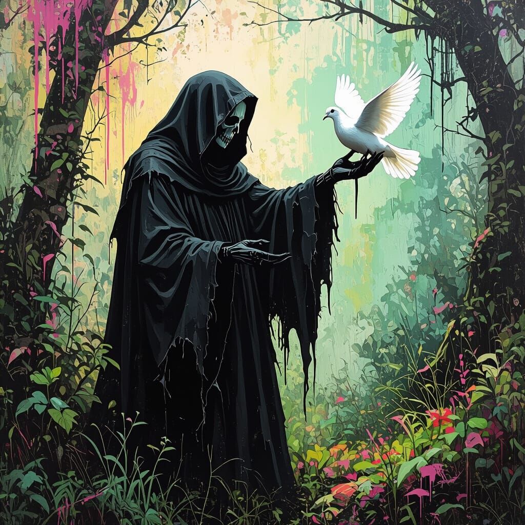 Death Offers Dove in Graffiti Street Art Style