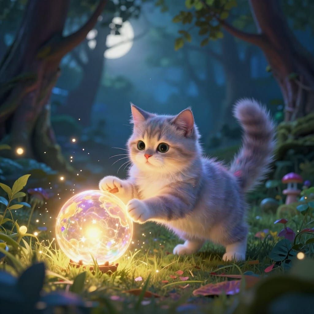 Glimmerwhisk Cat Plays with Magical Orb in Enchanted Forest