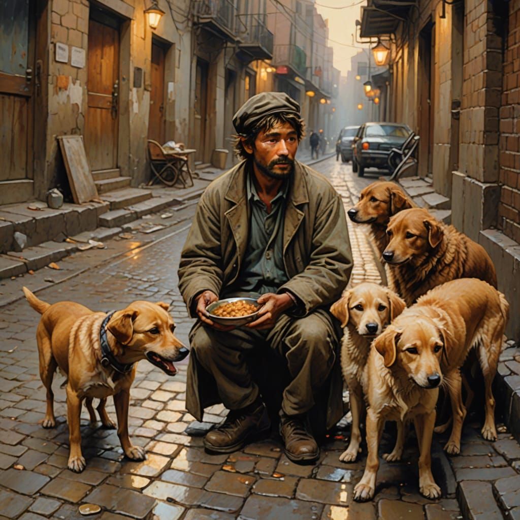 Street Urchin Shares Food with Dogs in Alley Oil Painting