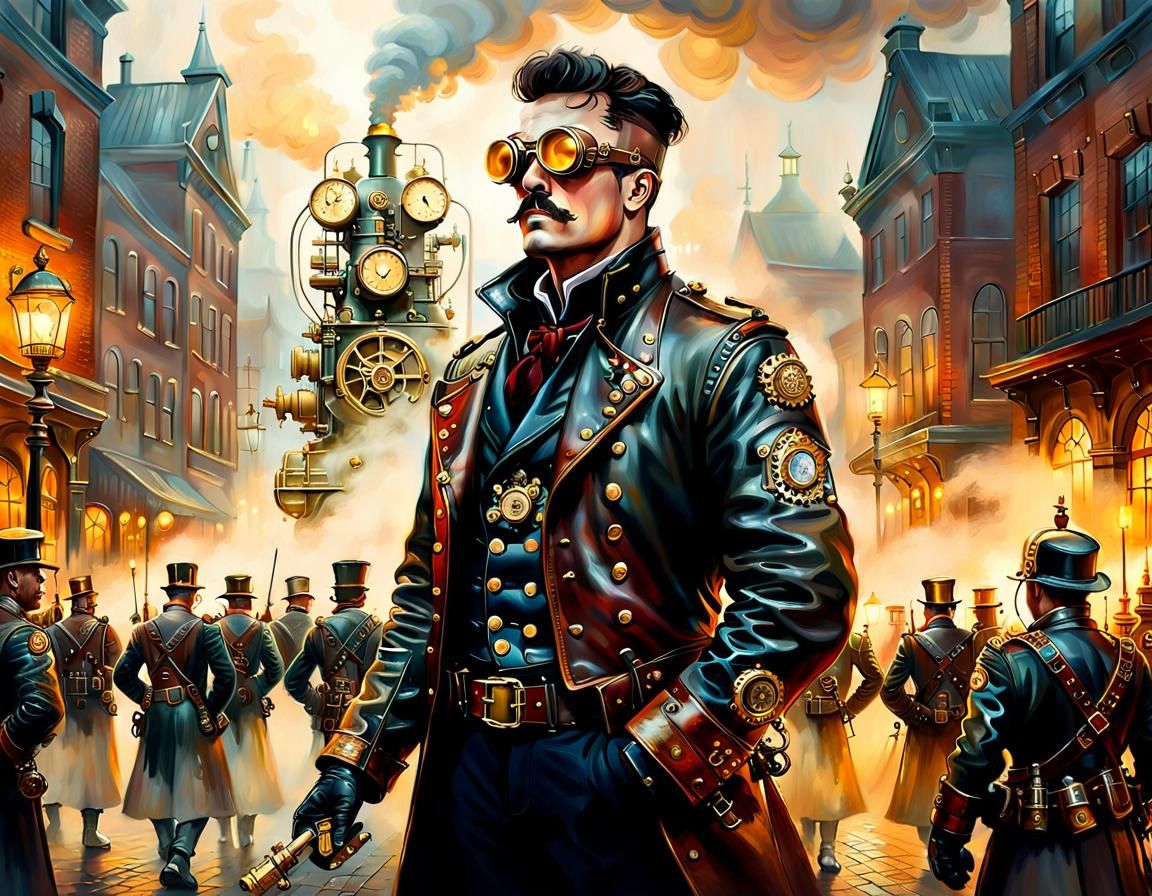 Steampunk Army Captain in Misty Square: Oil Painting