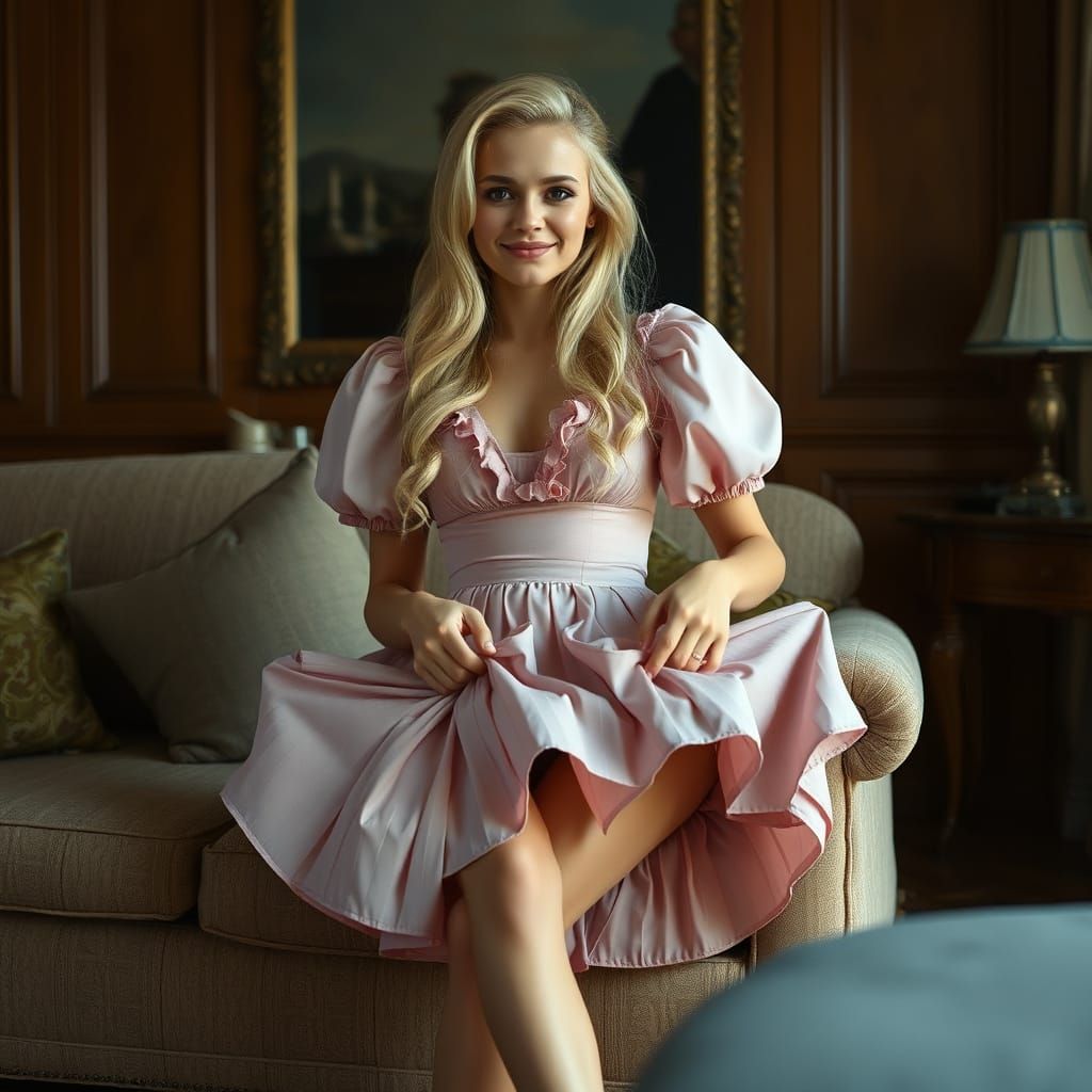 Young Man in Skirt Sitting on Couch