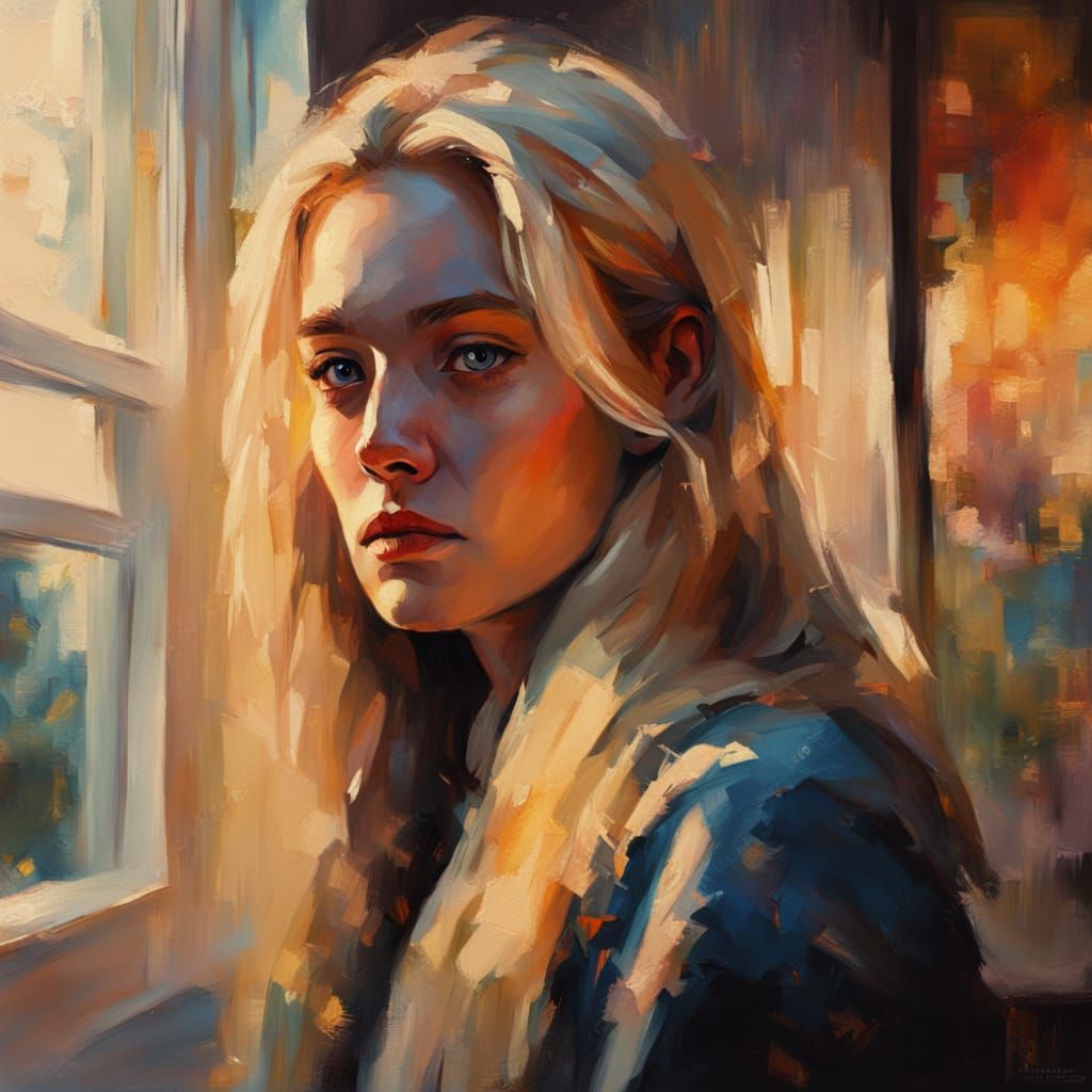 Blonde Woman Hiding Pictures: Vibrant Oil Painting