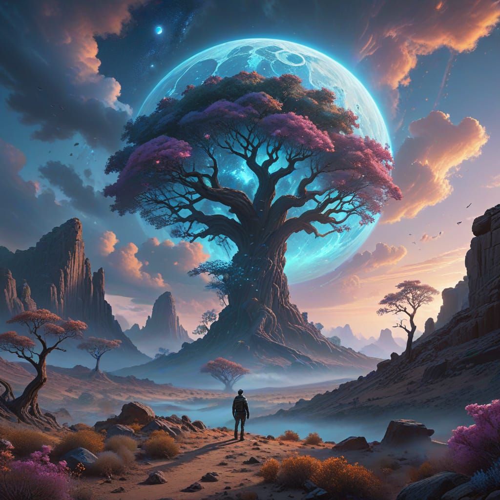 Bioluminescent Tree in Alien Desert: Ethereal Art