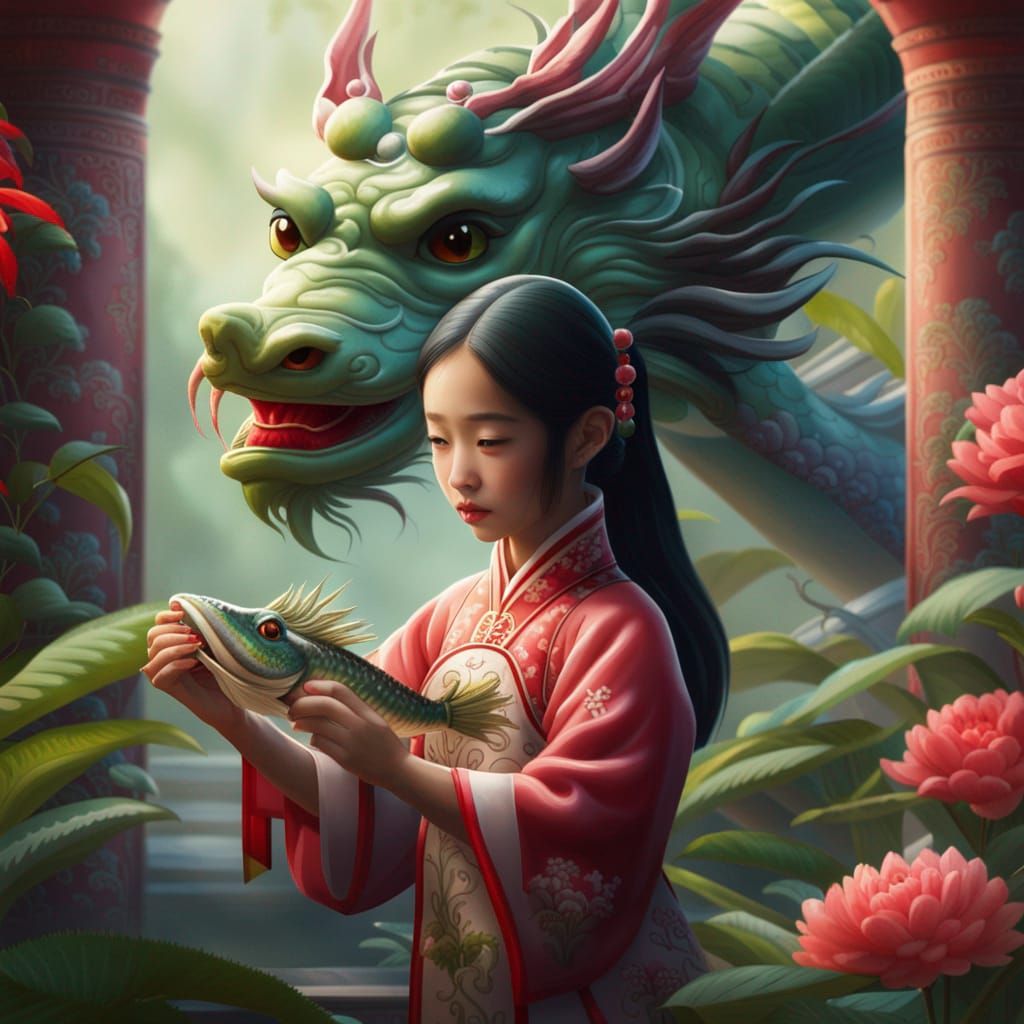 Chinese Princess Feeds Dragon Fish in Garden