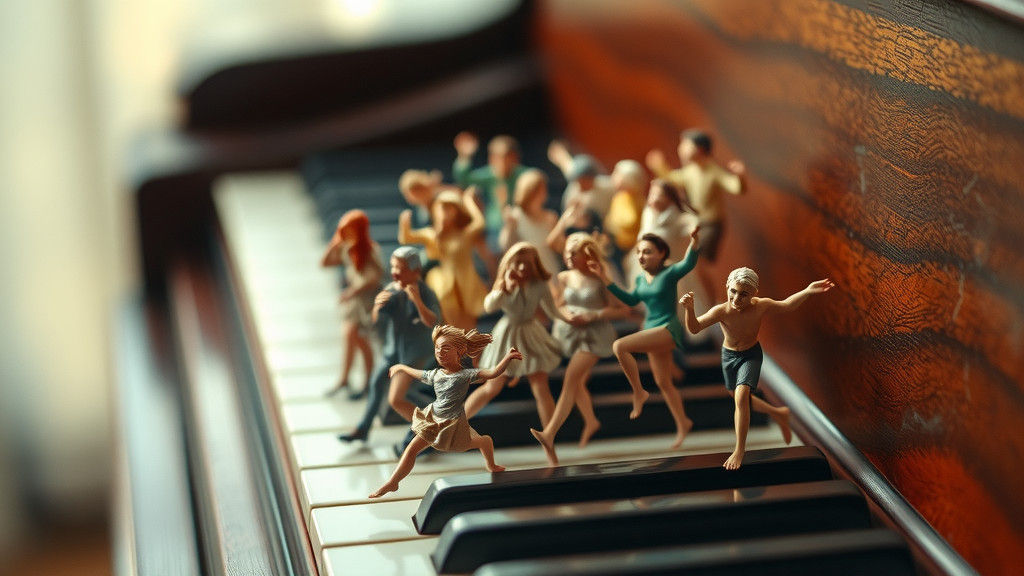 Miniature People Dancing on Piano Keyboard