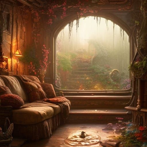 Cozy Cottage Kitchen with Fireplace and Cat