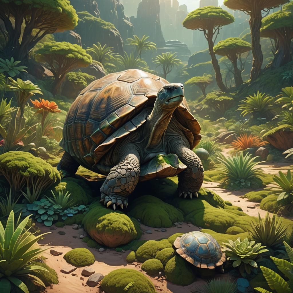 Giant Tortoise Oasis in Surreal Digital Art Style