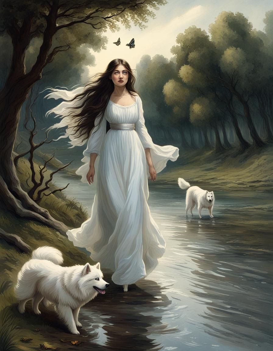 Samoyed, Brunette Woman, and River: Doré-Inspired