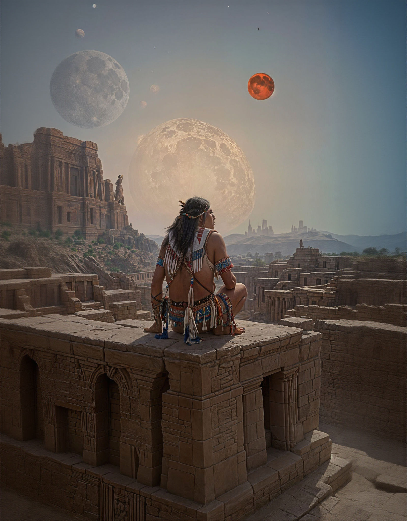 Native American Overlooking Ancient City with Two Moons