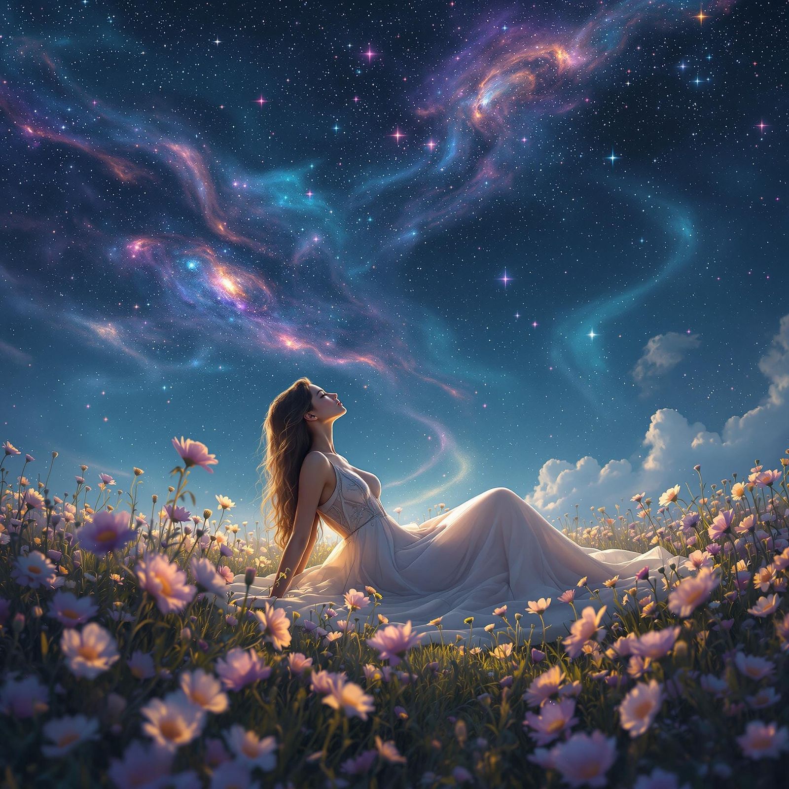 Ethereal Woman in Dreamlike Cosmic Landscape