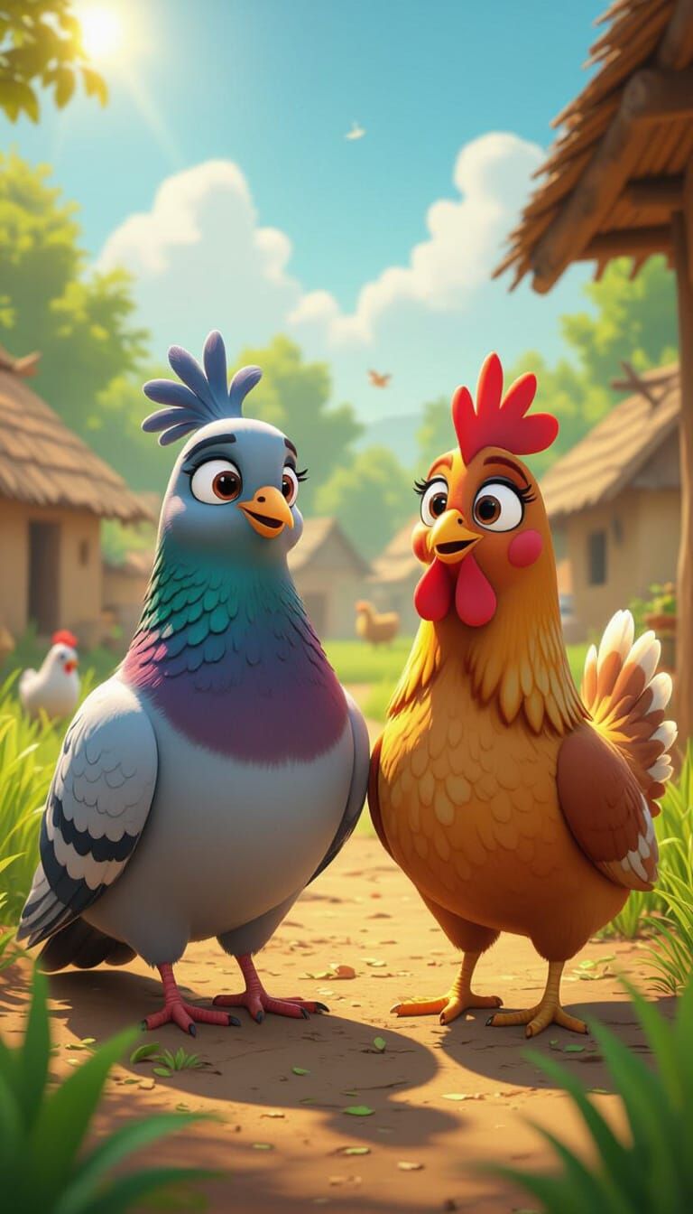 Pigeon and Chicken in Whimsical Indian Village Farmyard