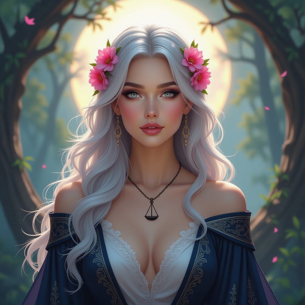 Goddess of Balance with Silver Hair and Celestial Robe
