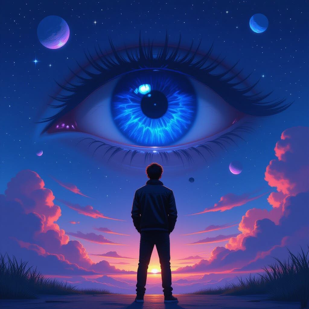 Man Gazing at Colossal Eye in Starry Sky