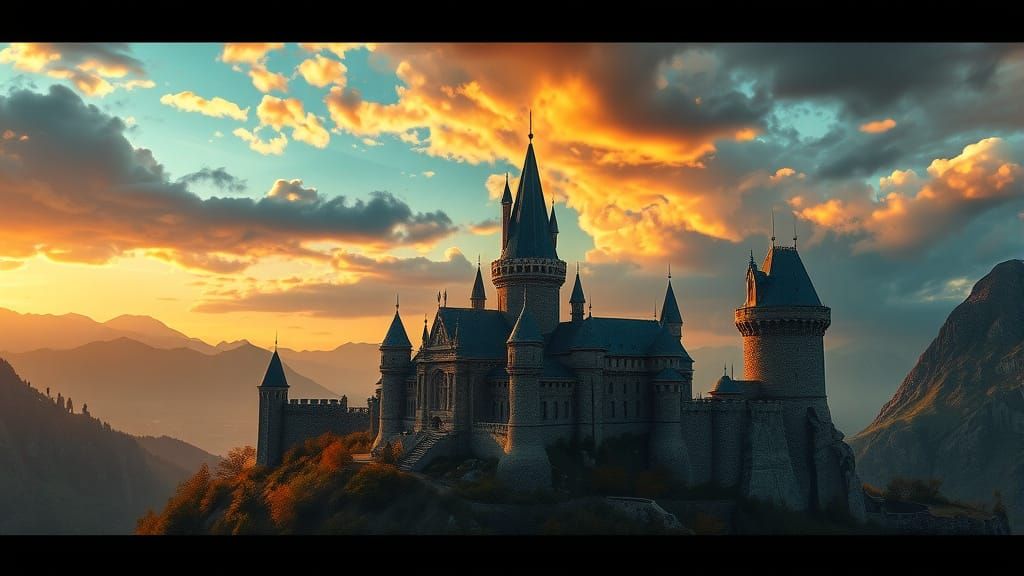 Epic Castle Under Dramatic Sky in Maximalist Digital Paintin...