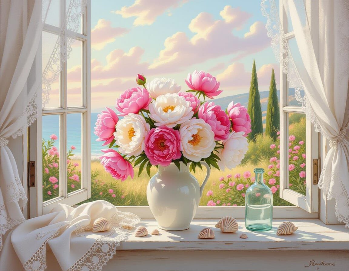 Peonies in Antique Vase by Coastal Window
