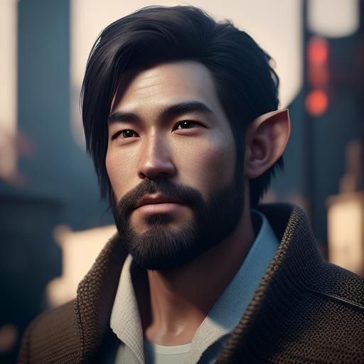 Elf-Eared Man Lounging by Fireplace, Digital Art