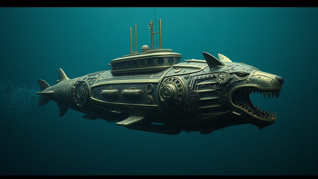 Steampunk Wolf Submarine in Ocean Depths