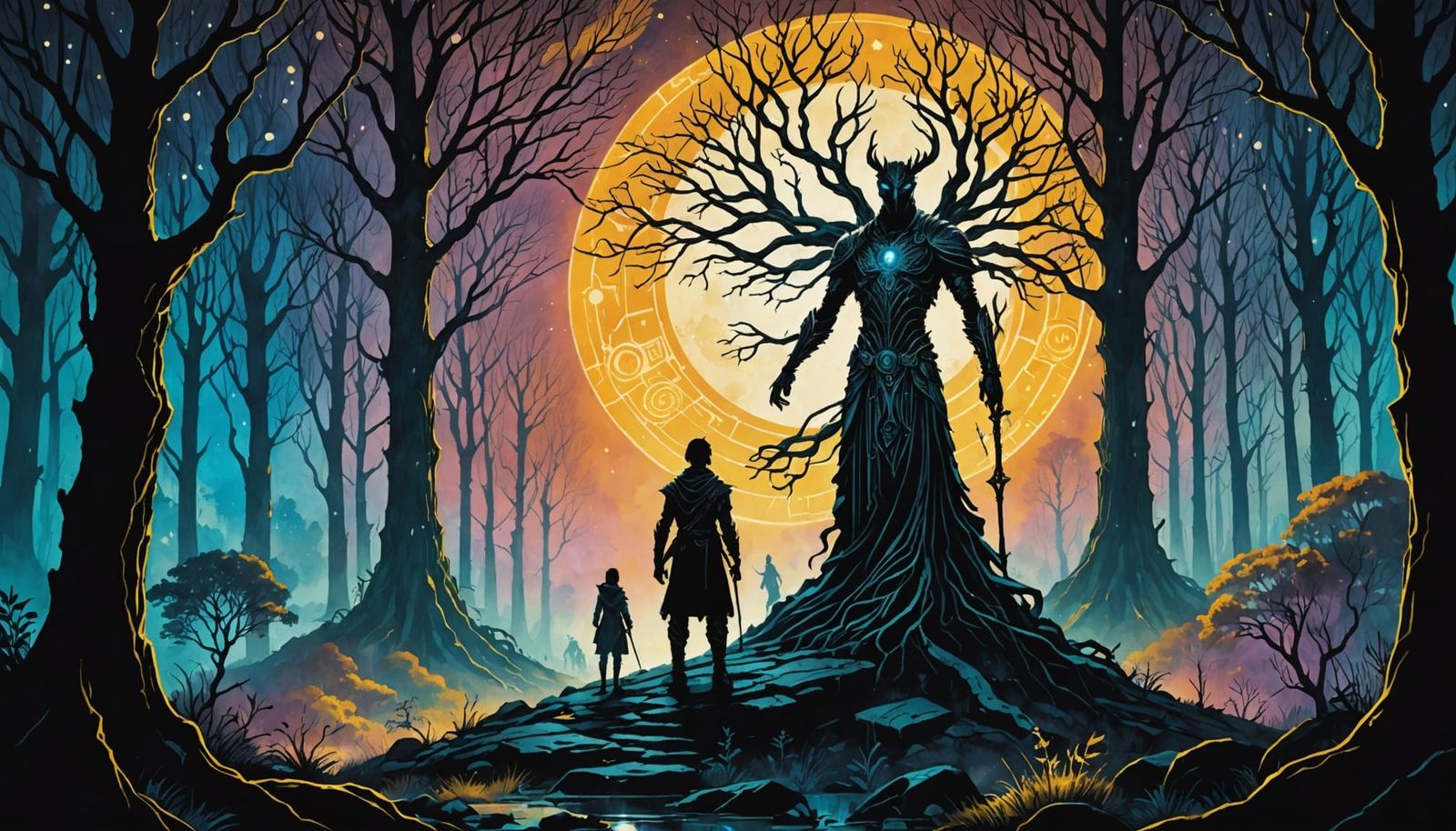 Moonlit Statue in Eerie Forest - Science Fiction Fantasy Art