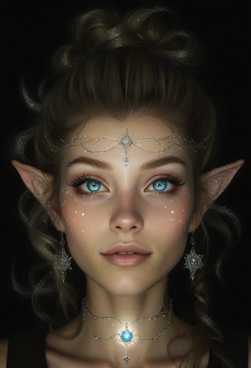 une très joie elfe blonde cheveux très long, yeux bleus ciel...