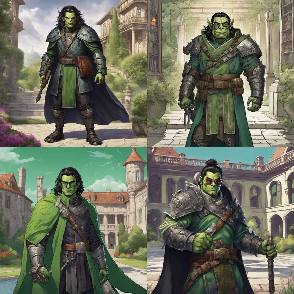 Armored Orc Bookworm Guarding a Mansion