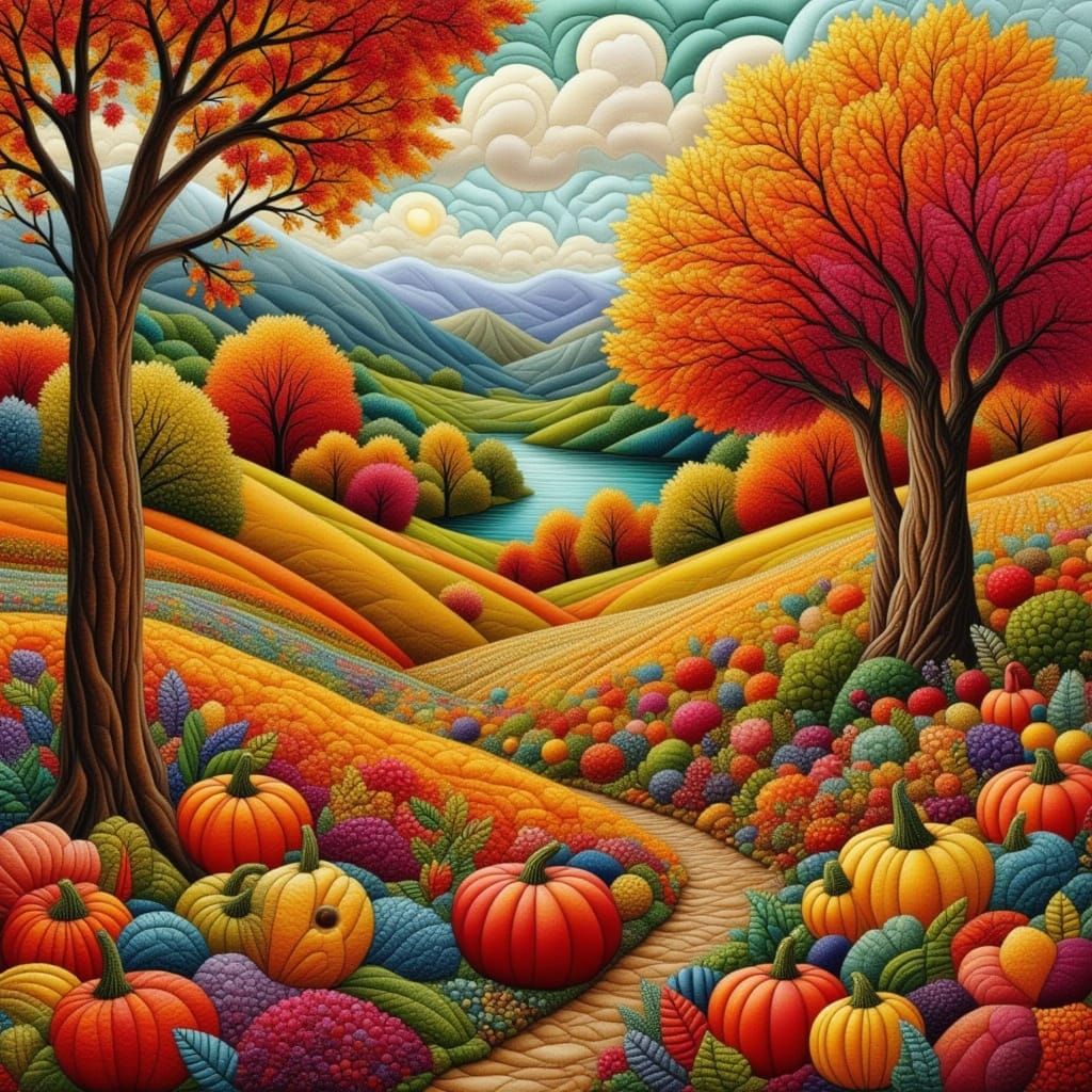 Quilted Autumn Landscape with Vibrant Foliage