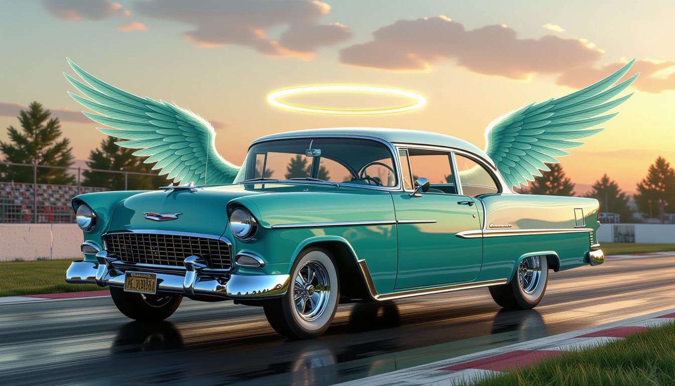 1955 Chevy Bel Air Gasser with Angel Wings at Sunset