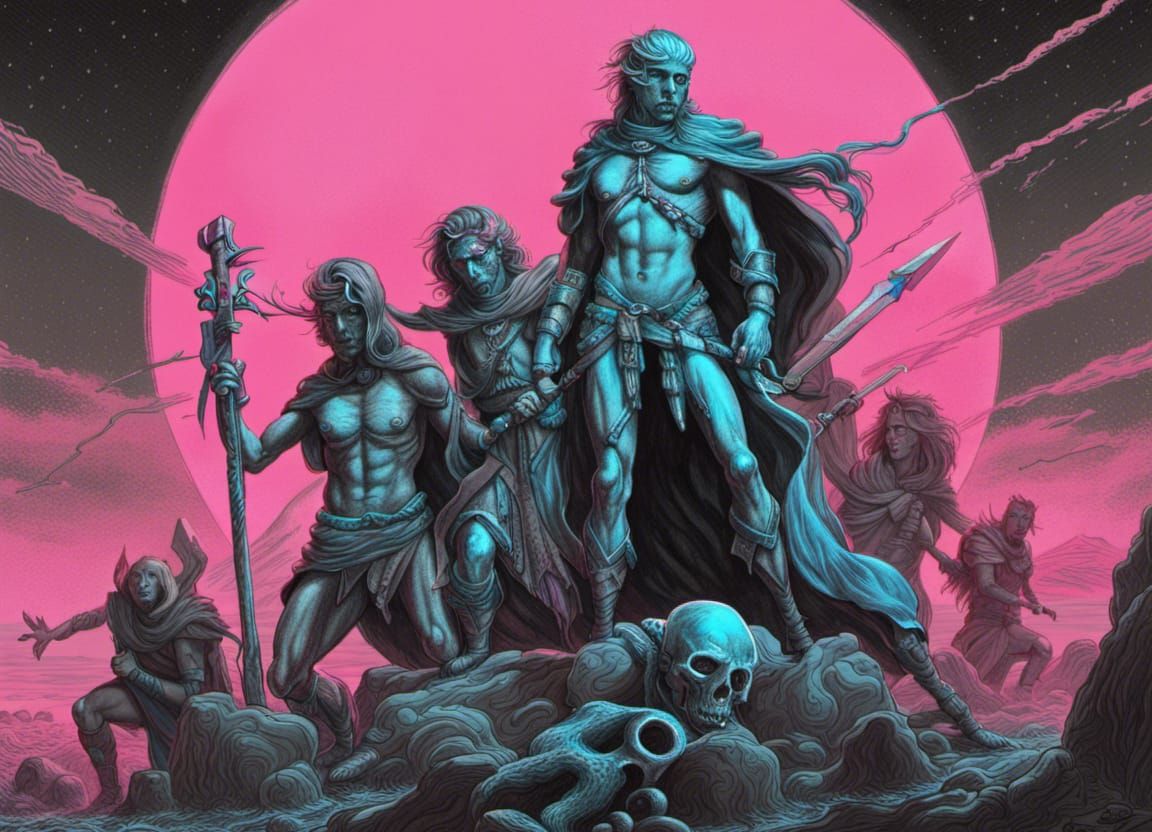 Synthwave Barbarians of Mars: Hyperdetailed Charcoal Drawing