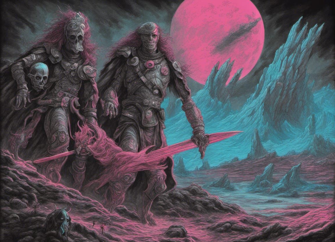 Martian Barbarians in Retro Horror Charcoal Drawing