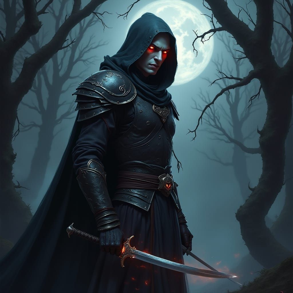 Pale Elf Vampire Rogue in Dark Forest, Moonlit Gothic Fantas...