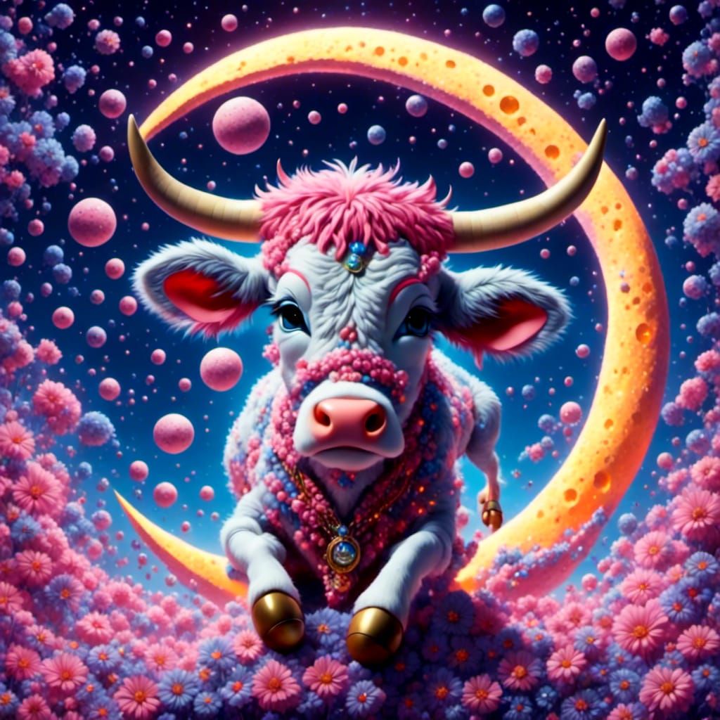 Cartoon Cow Jumps Over the Moon